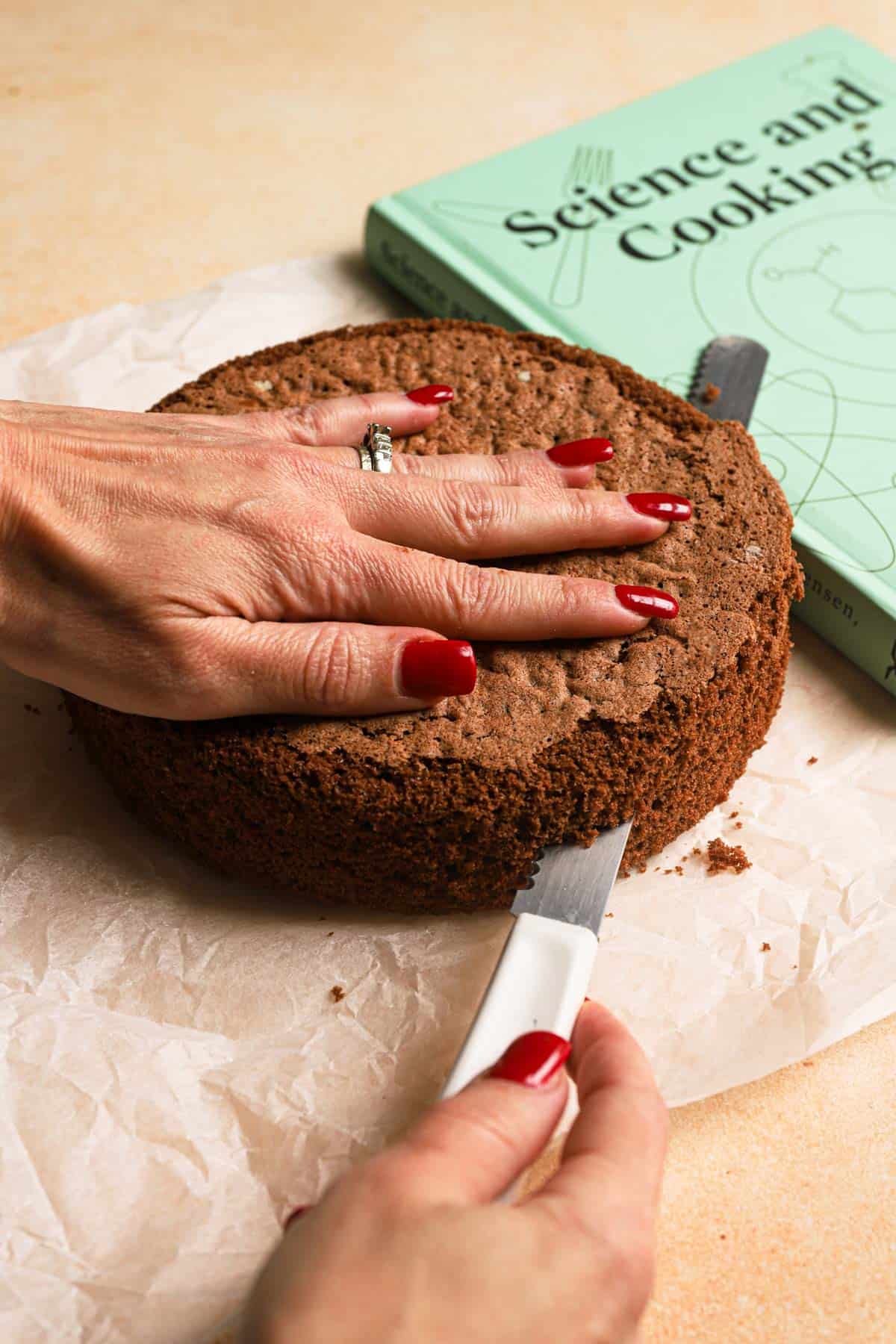 hands slicing cake