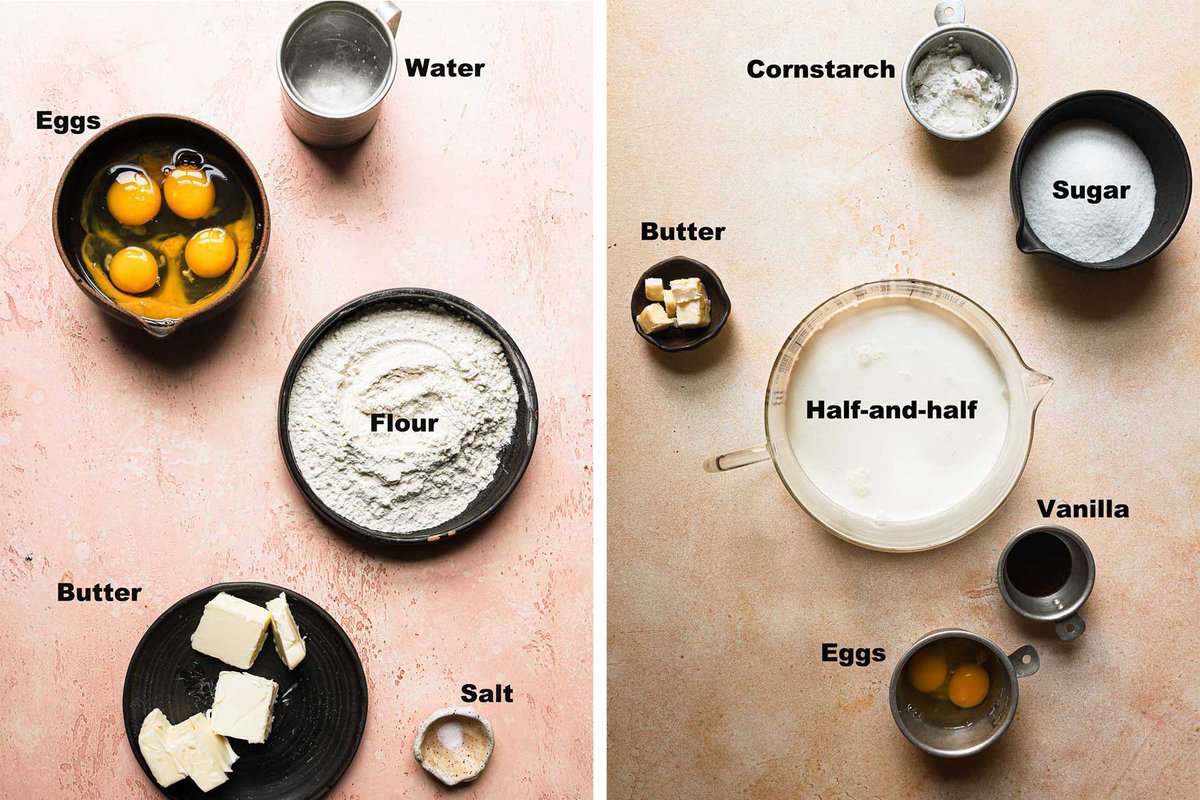 Ingredients to make choux pastry and pastry cream