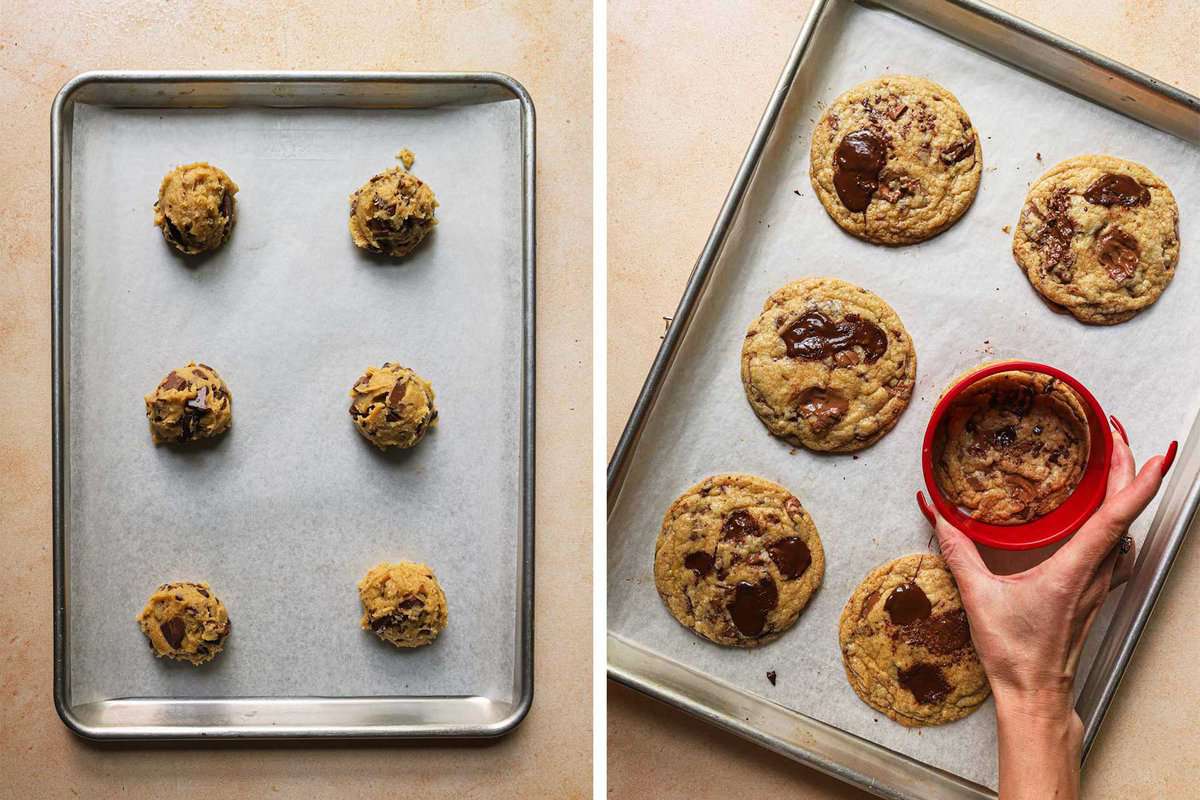 a pan with cookie balls and a pan with baked cookies.