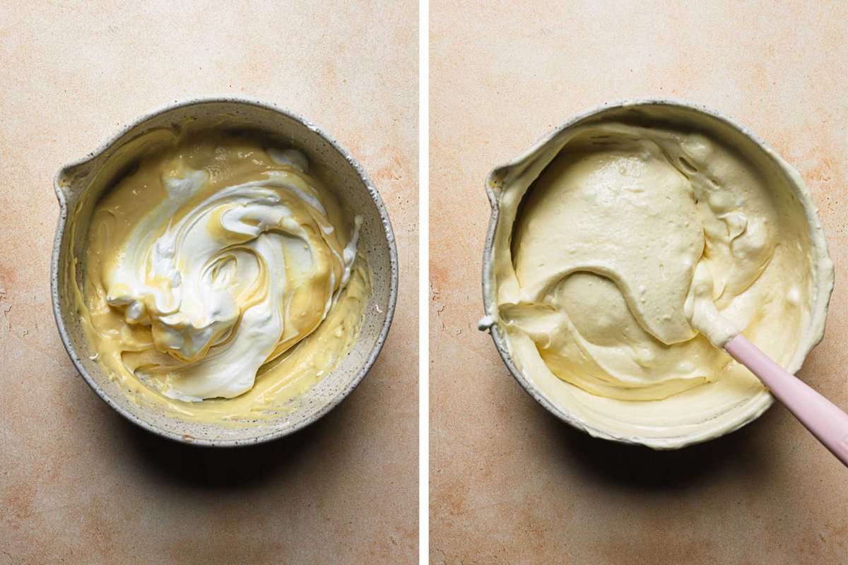 Folding meringue into pastry cream to make chiboust creme