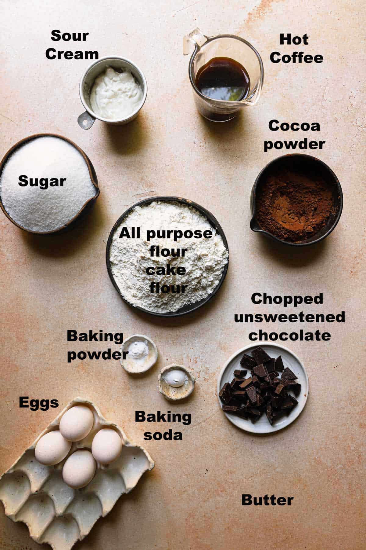 Ingredients to make chocolate gin cake