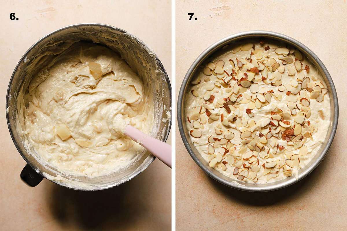 cake batter topped with sliced almonds