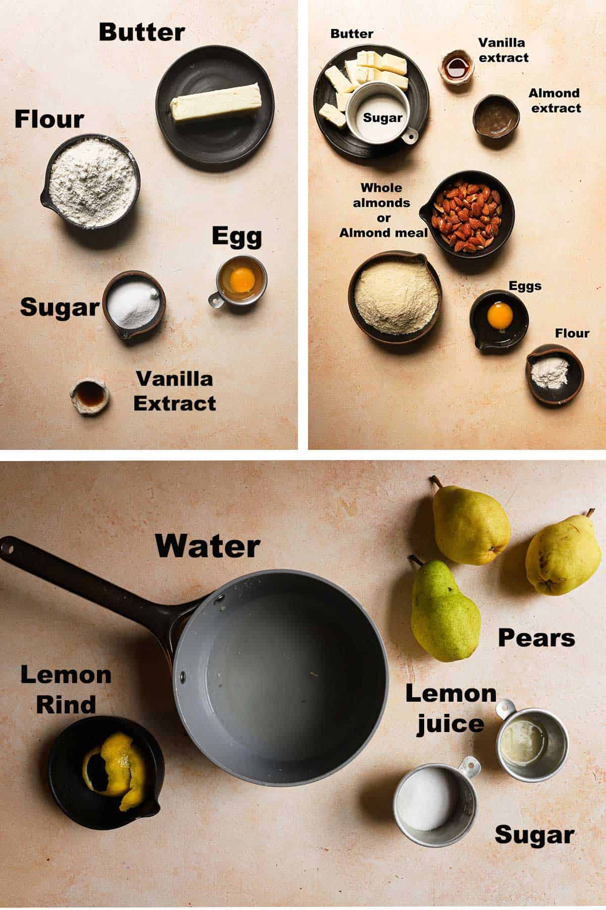 Ingredients to make almond pear tart