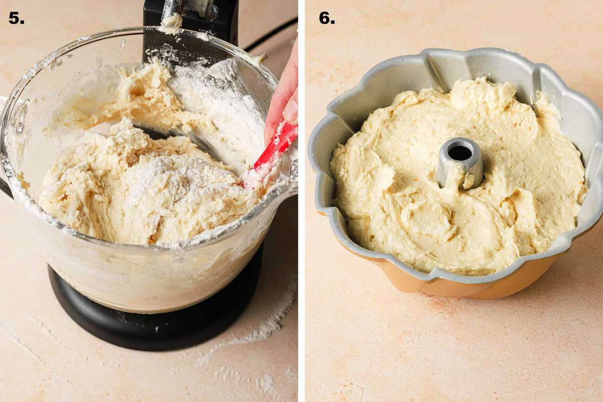 cake batter in a mixer bowl and a bundt pan
