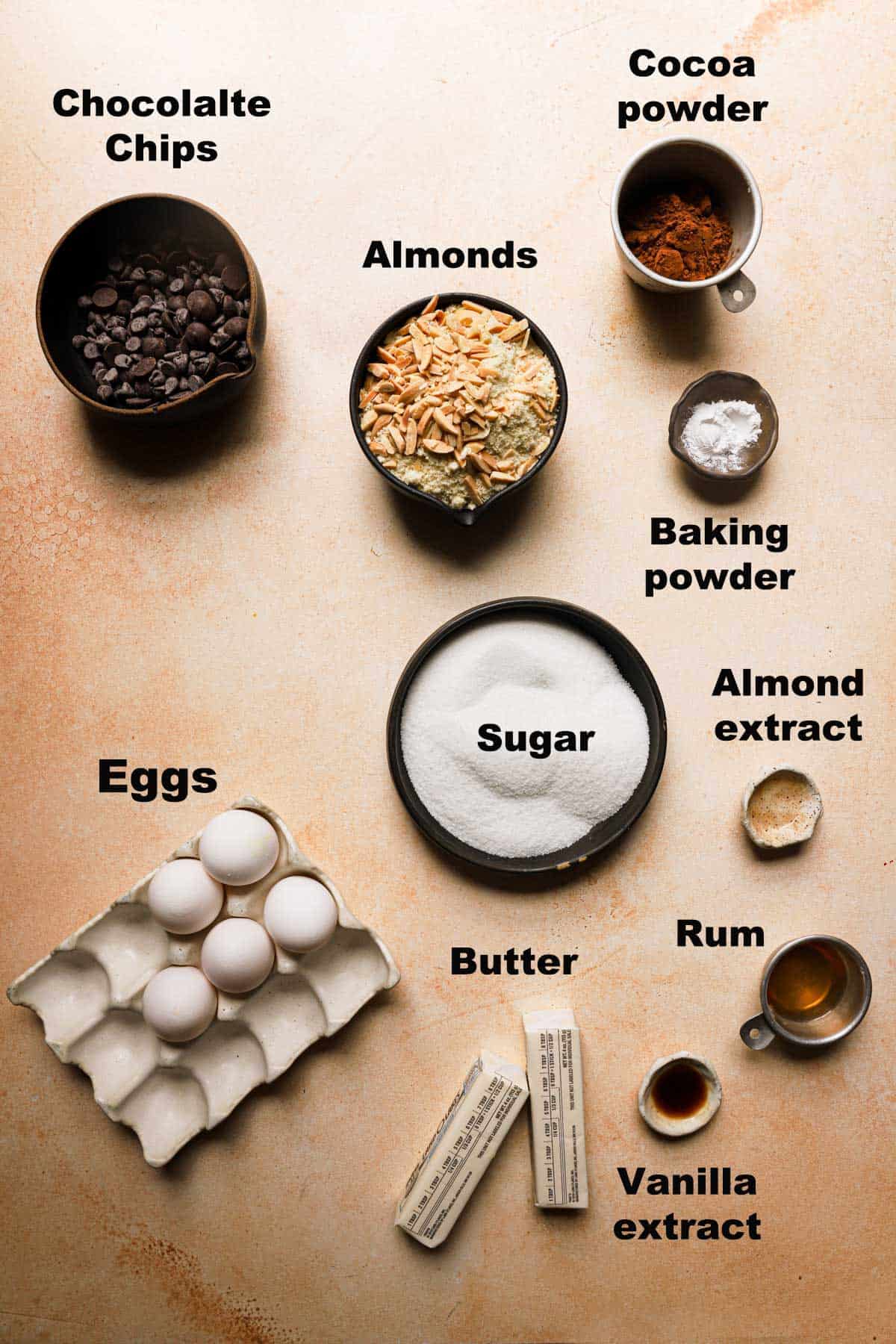 Ingredients to make almond chocolate  cake