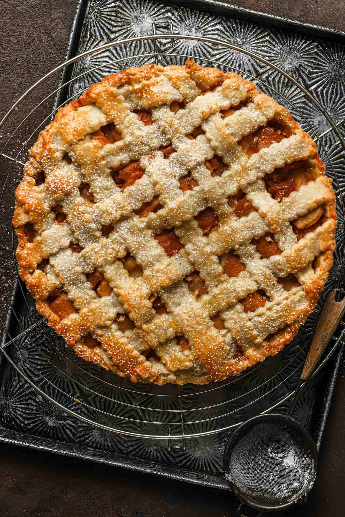 top view of lattice italian apple tart 