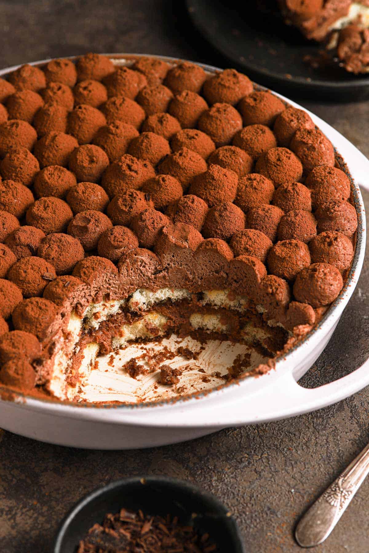 layers of chocolate mascarpone cream and ladyfingers cookies.