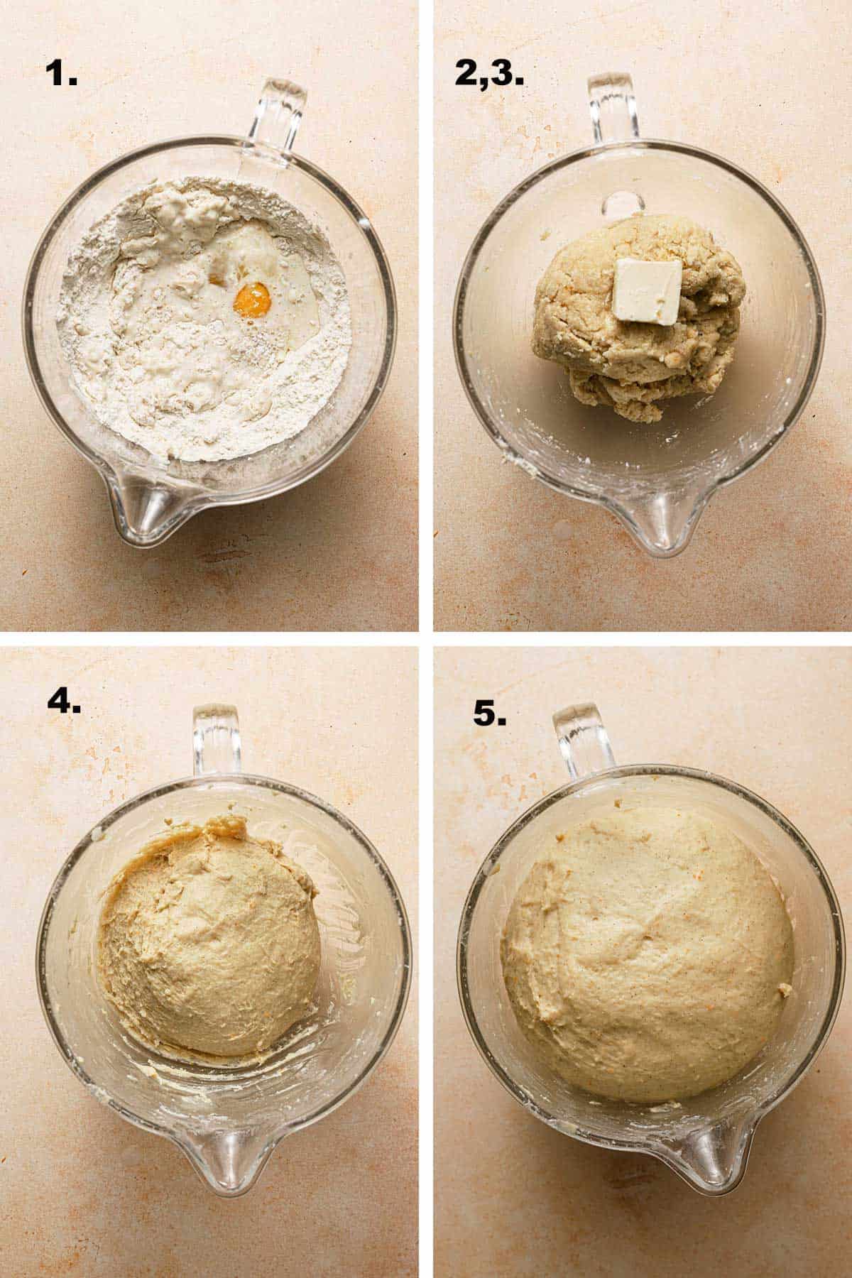 steps on How to make cardamom buns dough. Mixing the ingredients, adding butter, and resting the dough.