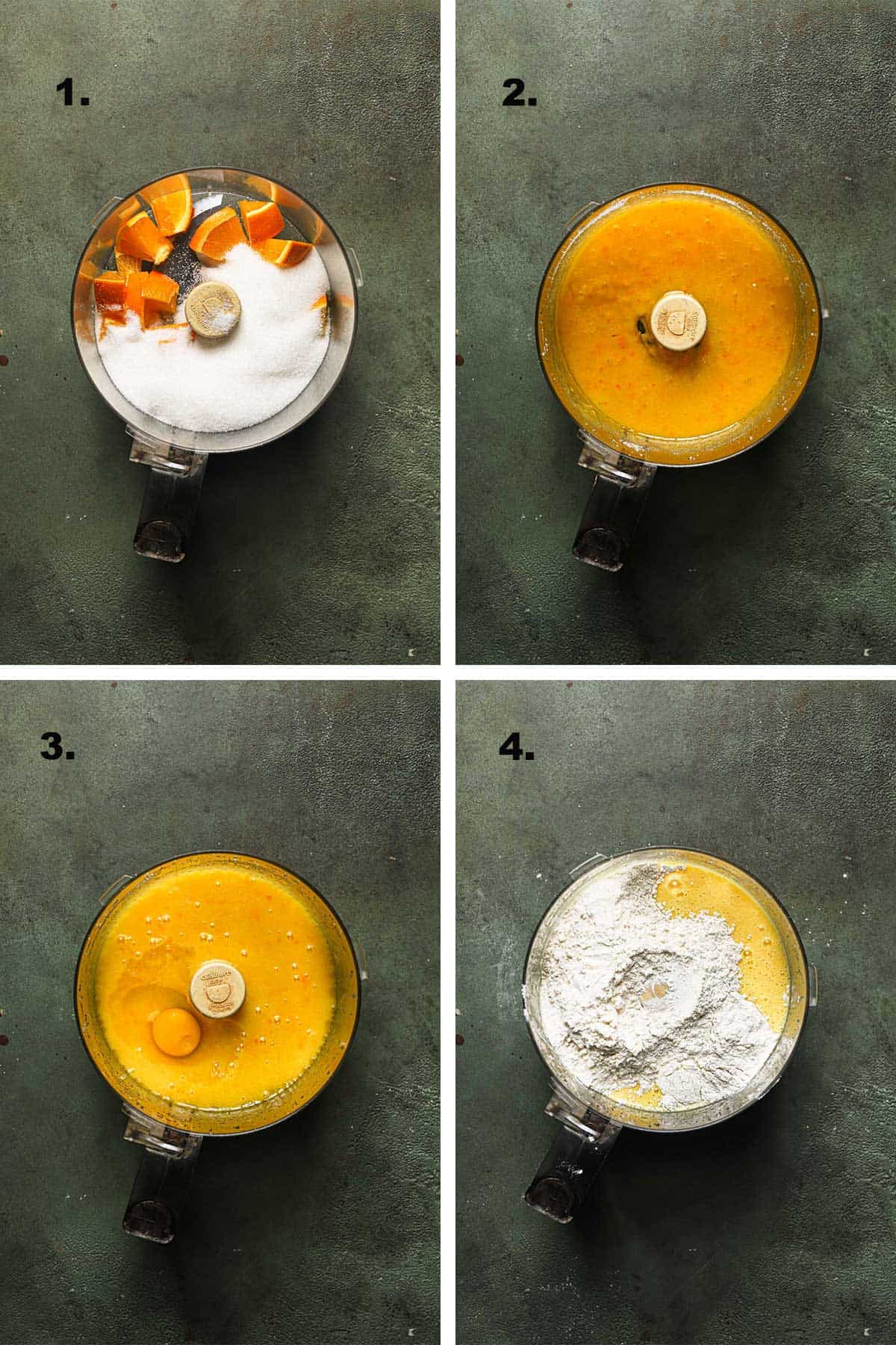 Steps to make a Sicilian citrus cake in a food processor. 