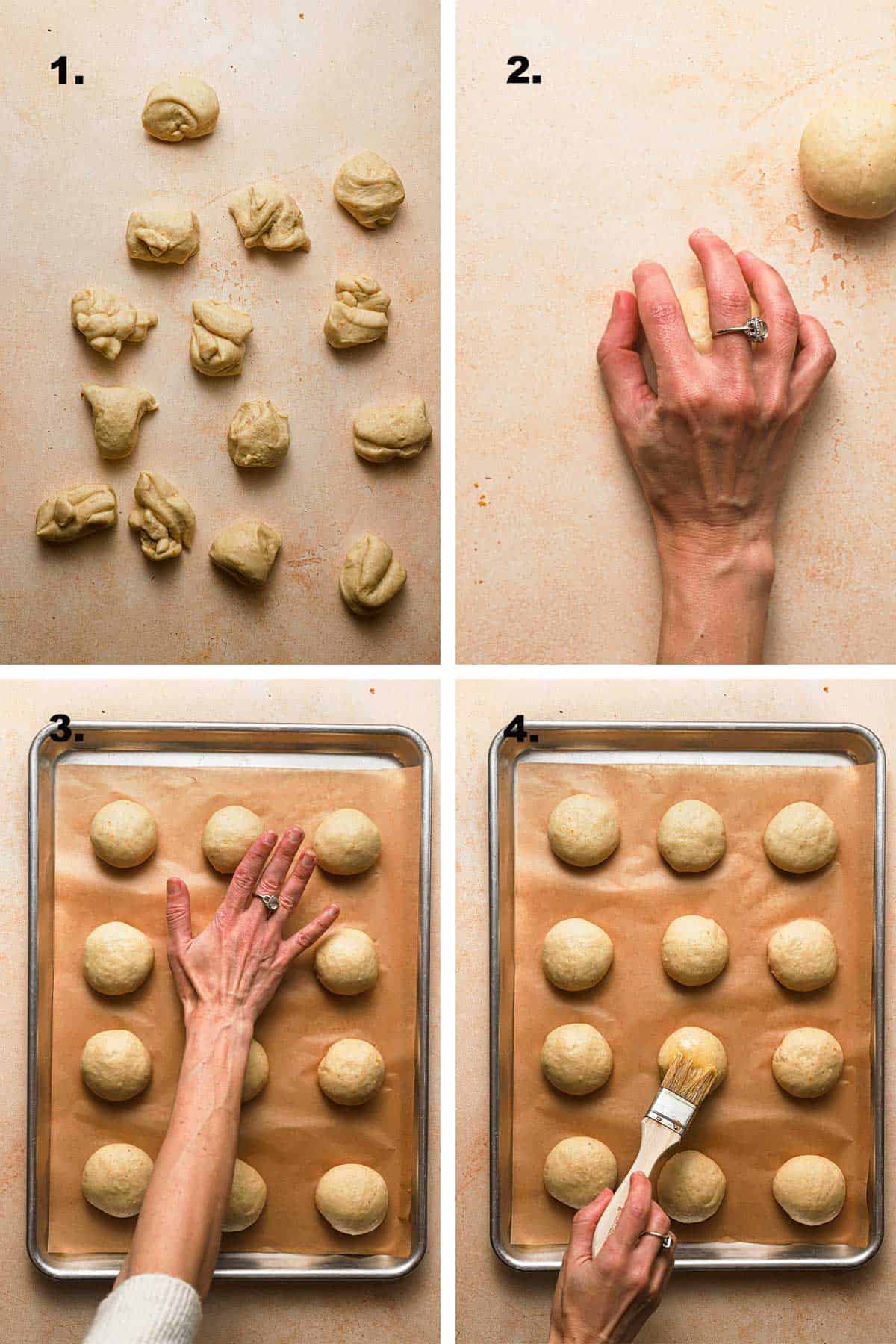 How to shape Swedish cardamom buns. dividing the sough, shaping to a ball, pressing the top and brushing with an egg.