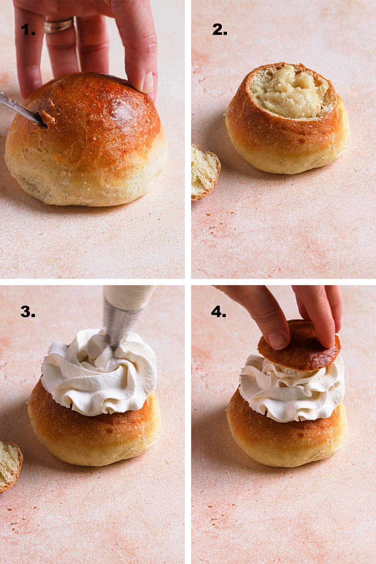Assembling a cardamom bun; slicing the top, filling with almond paste, and topping with heavy cream.