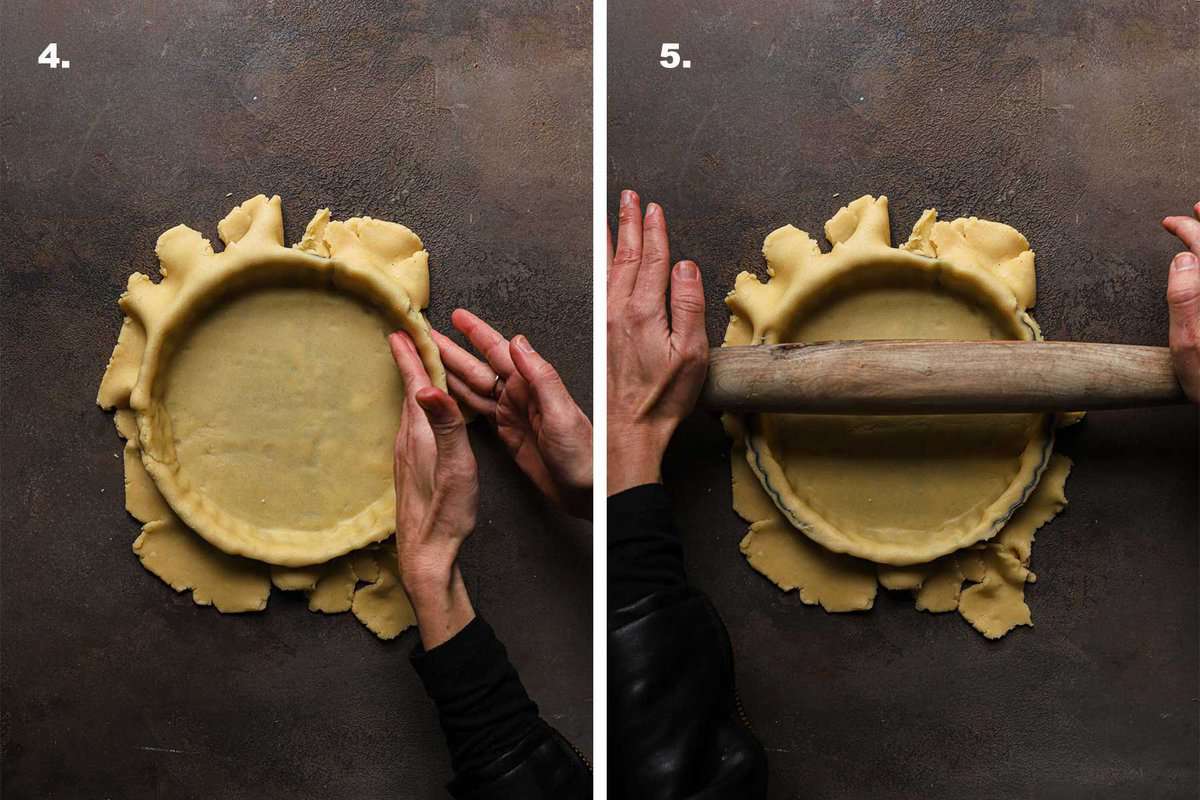 hand pressing dough into a tart pan