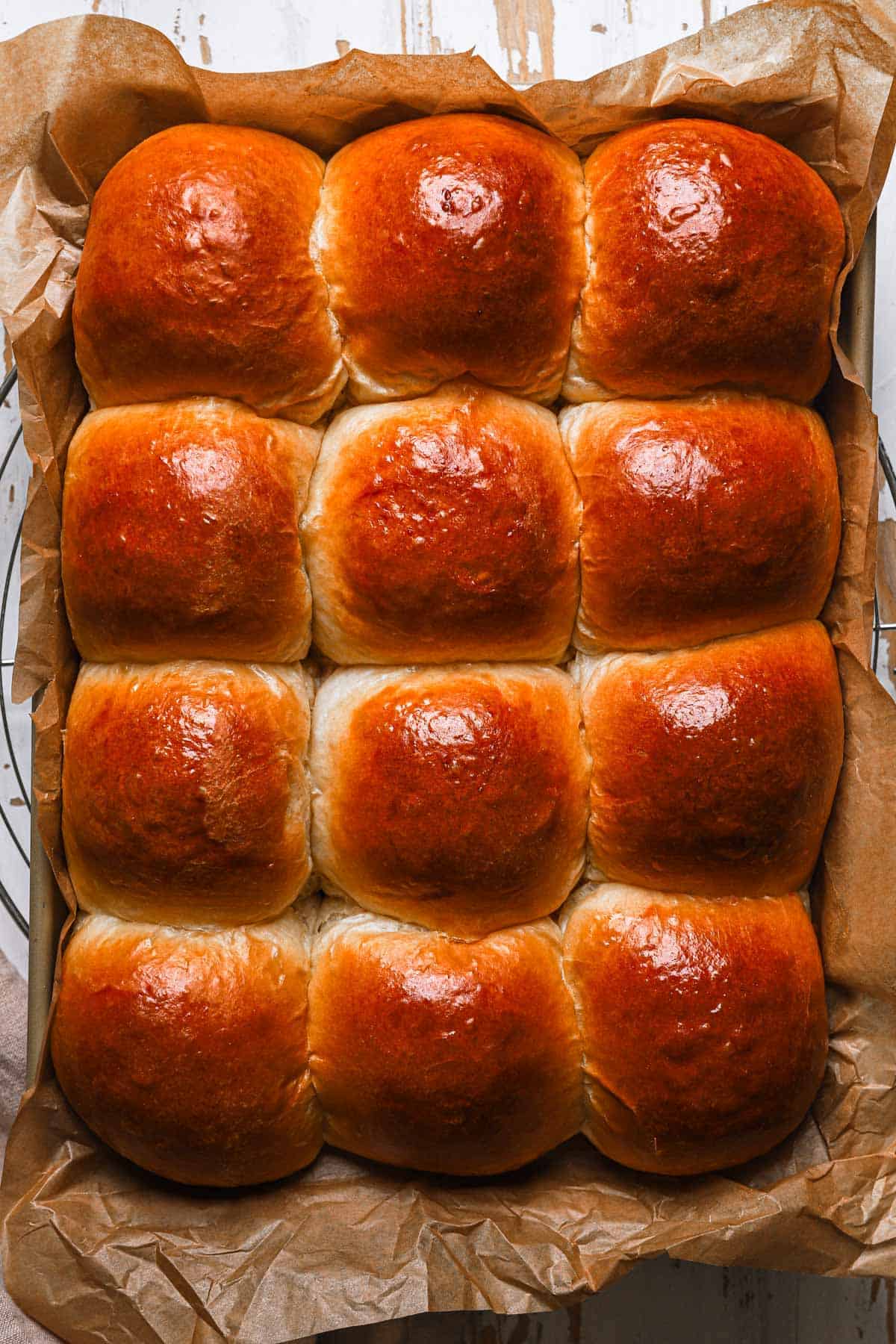 Brioche dinner buns in a pan.