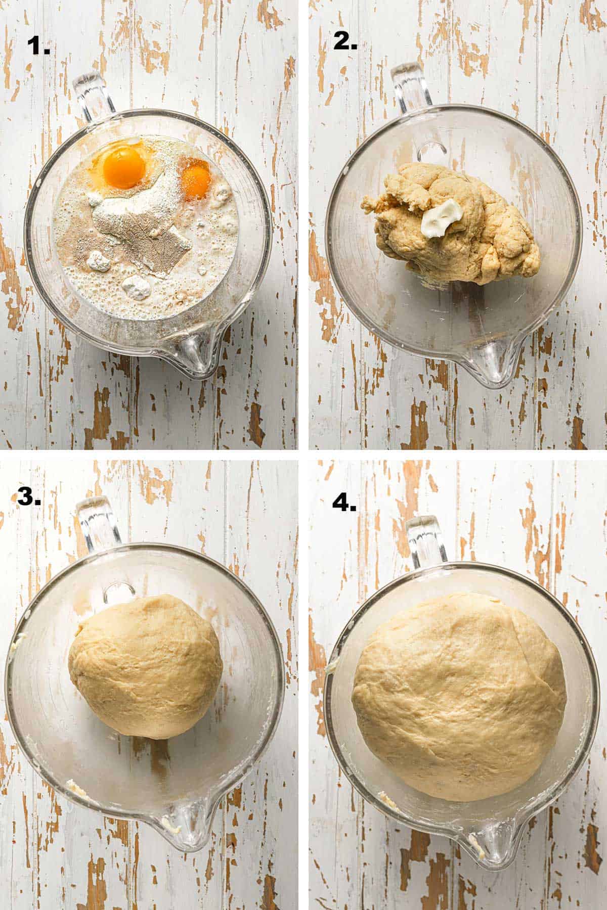 Steps to make dinner buns, placing the ingredients in a bowl, adding butter, dough after rest.