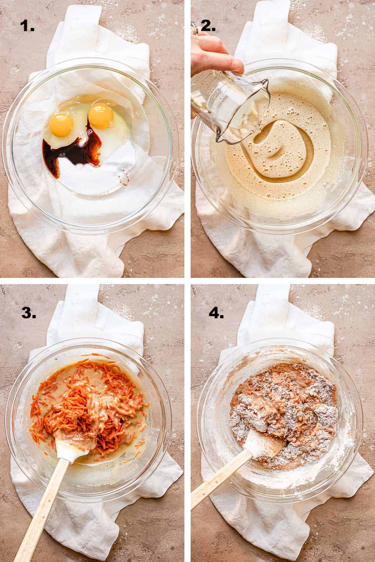 Four images: mixing sugar and eggs, adding oil, folding carrots then adding flour.