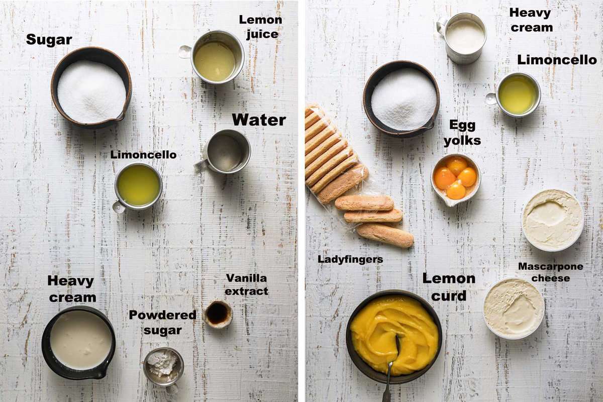 ingredients to make limoncello syrup and tirmaisu.