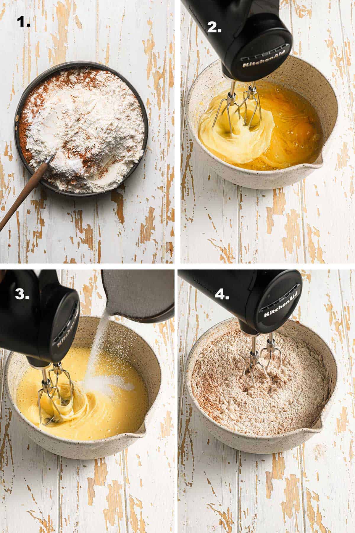 A bowl with flour, beating eggs and oil. Pouring sugar to eggs mixture. Mixing flour.