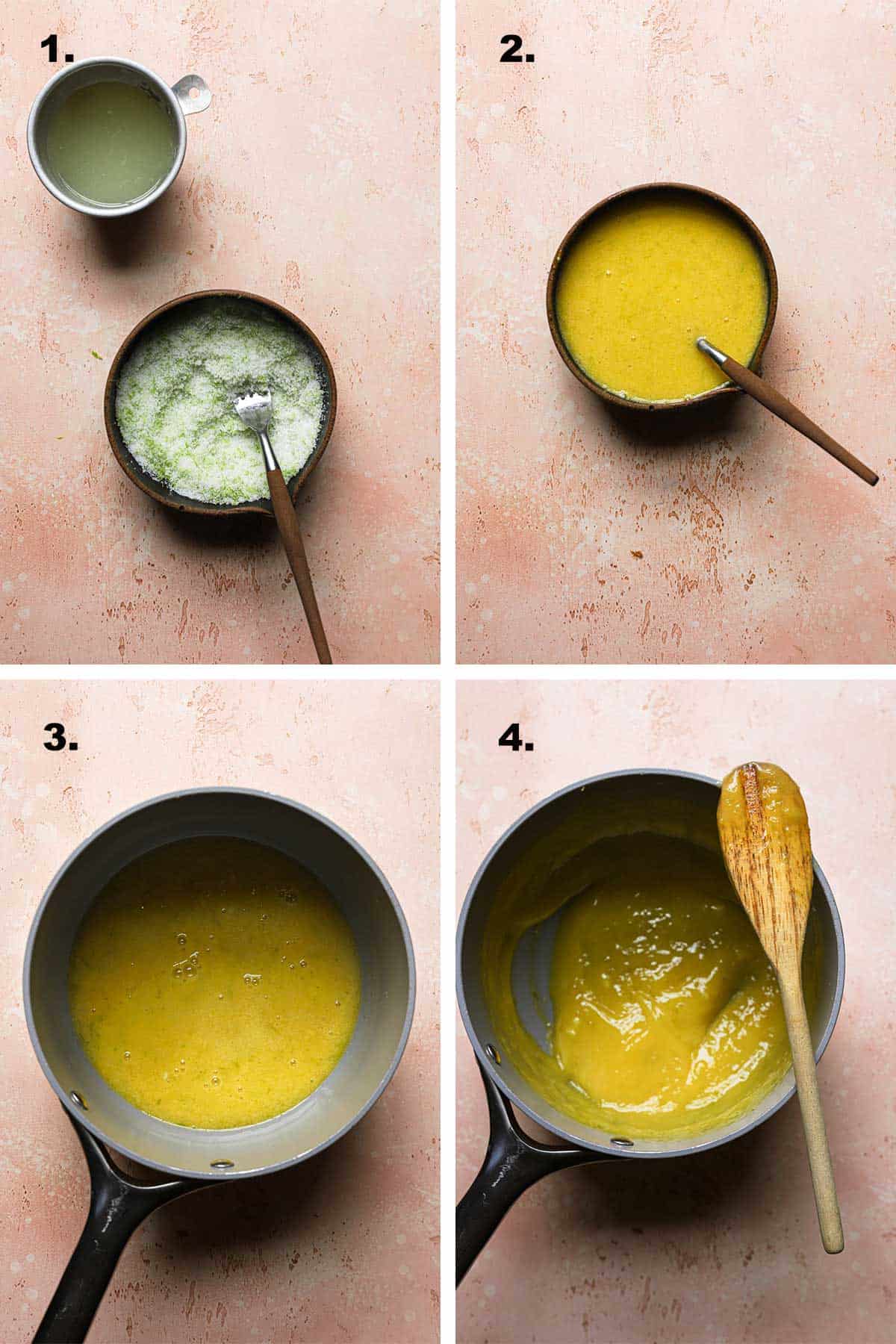 bowl with juice and sugar, Bowl with egg lime mixture, A sauce pan with the mixture, A thickened curd with a wooden spoon.