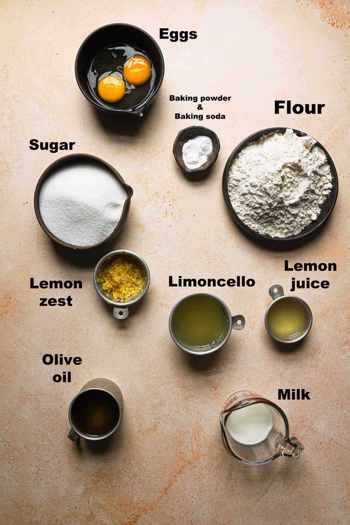 Ingredients to make italian limoncello mascarpone cake.