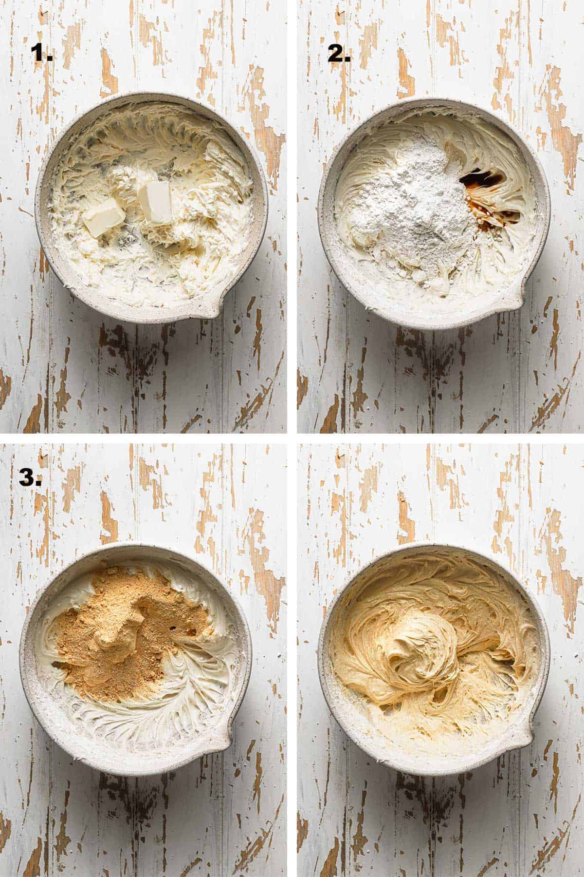 steps to making cream cheese frosting using a large bowl.