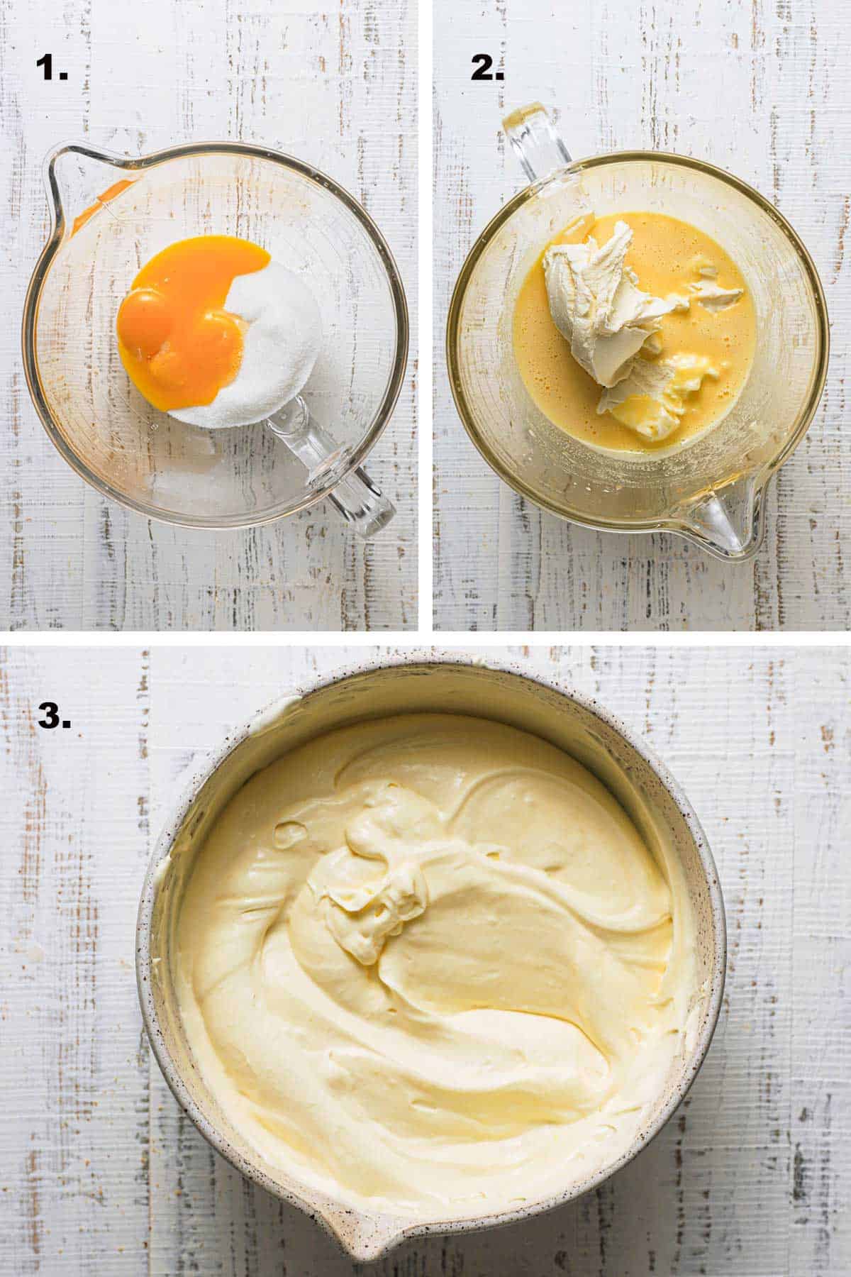 Three steps in making Lemoncello filling using egg yolks, sugar and mascarpone cheese.