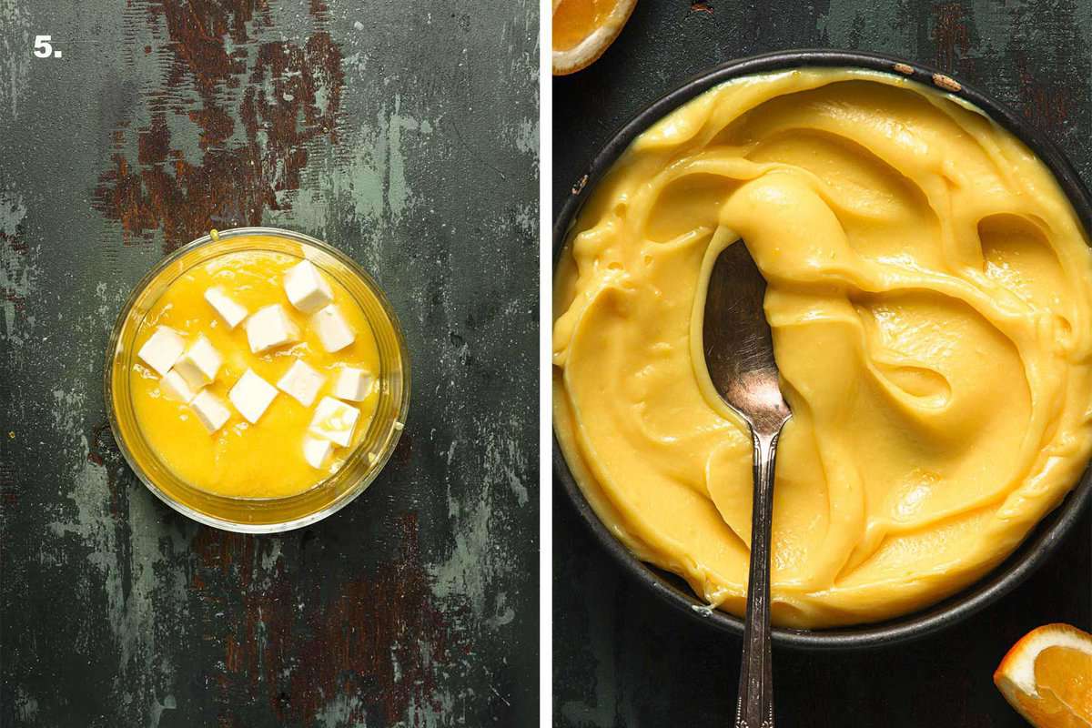 A bowl with custard and butter. a bowl with lemon meyer curd and a spoon.