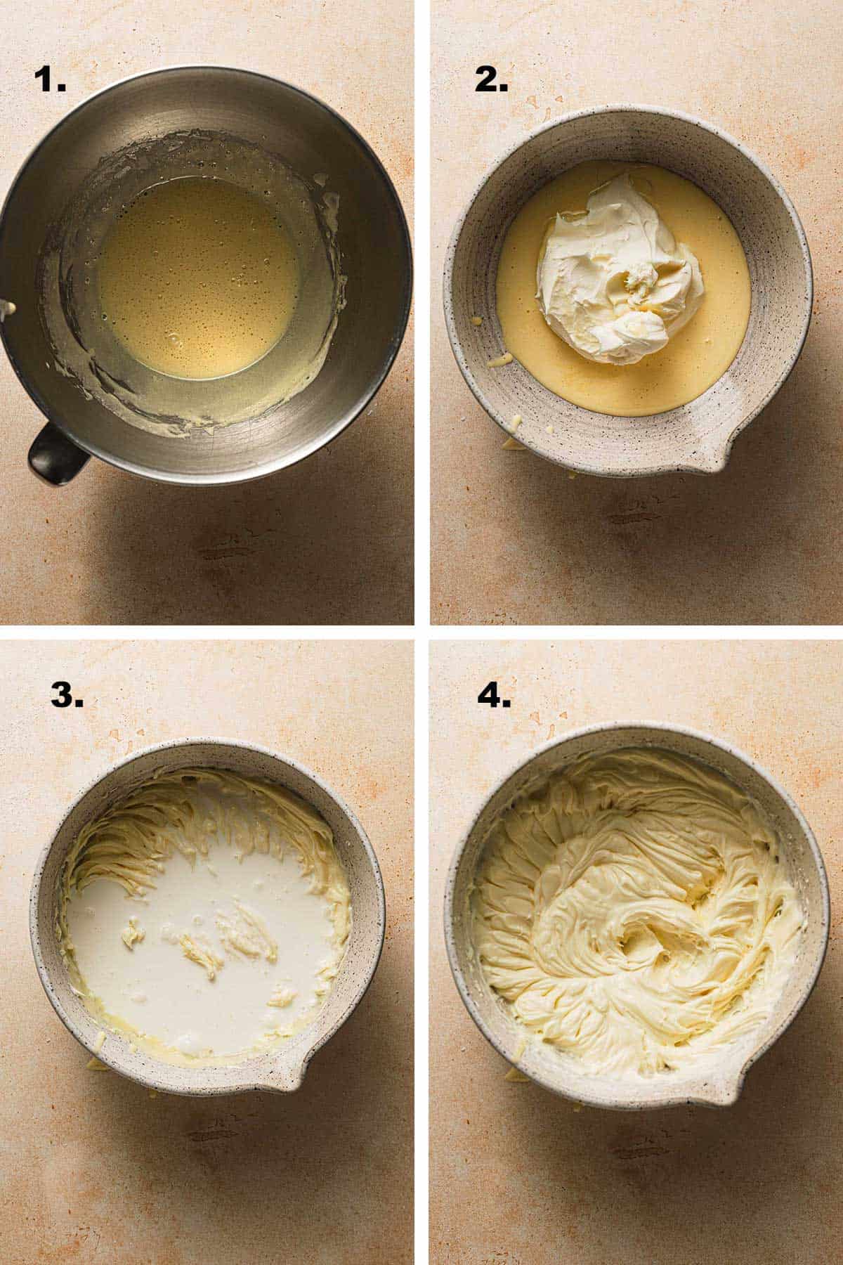 Steps for making mascarpone filling for dessert.