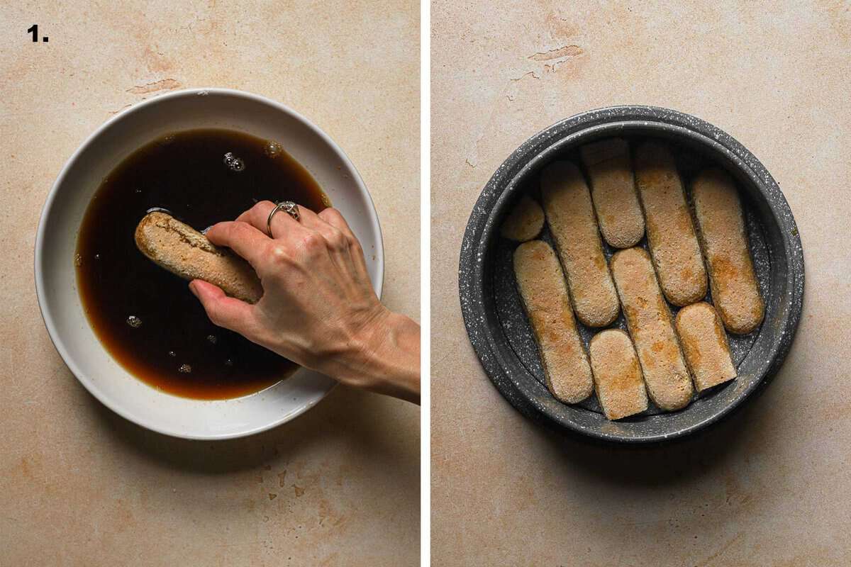 dipping ladyfingers in coffee and arranging them in a pan.