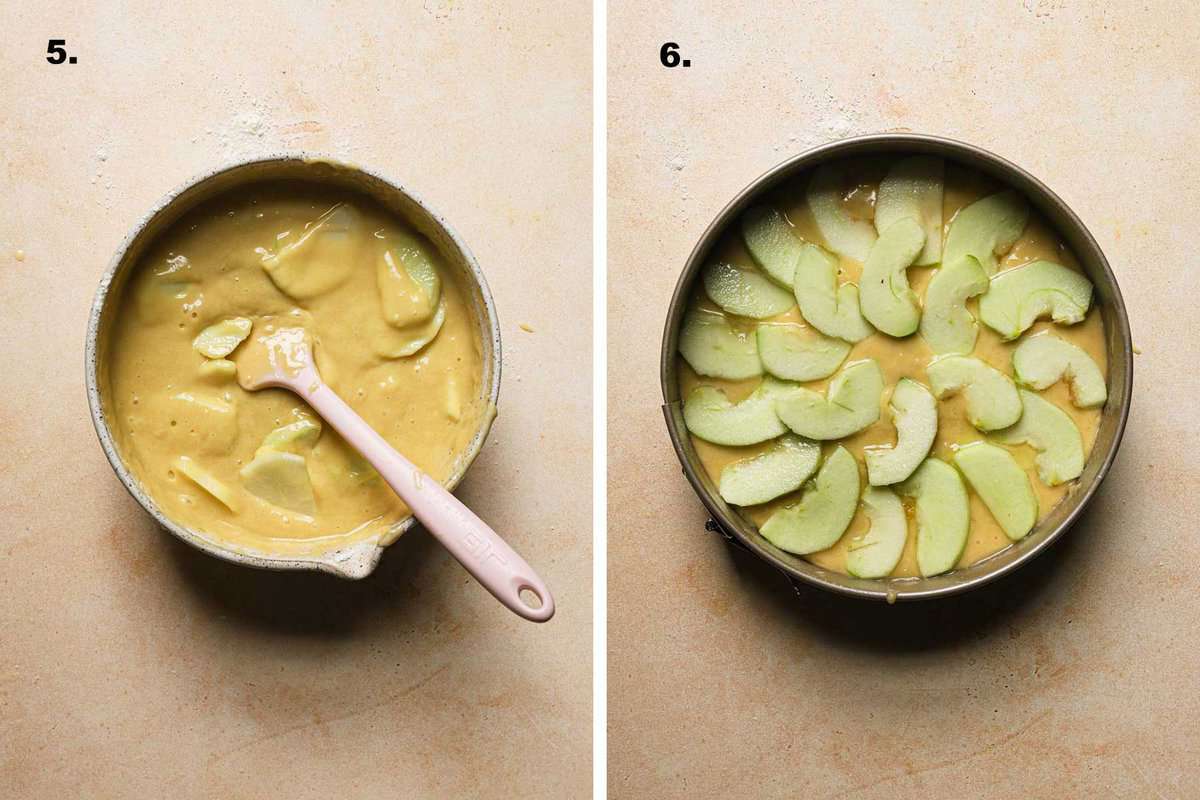 cake batter with apples in a bowl and in a cake pan.