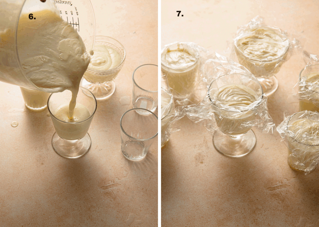 Pouring warm pudding into serving dishes. Serving dishes filled with custard and topped with plastic wrap.