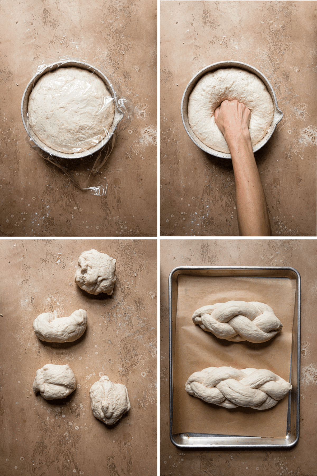 steps to shape challah loafs.