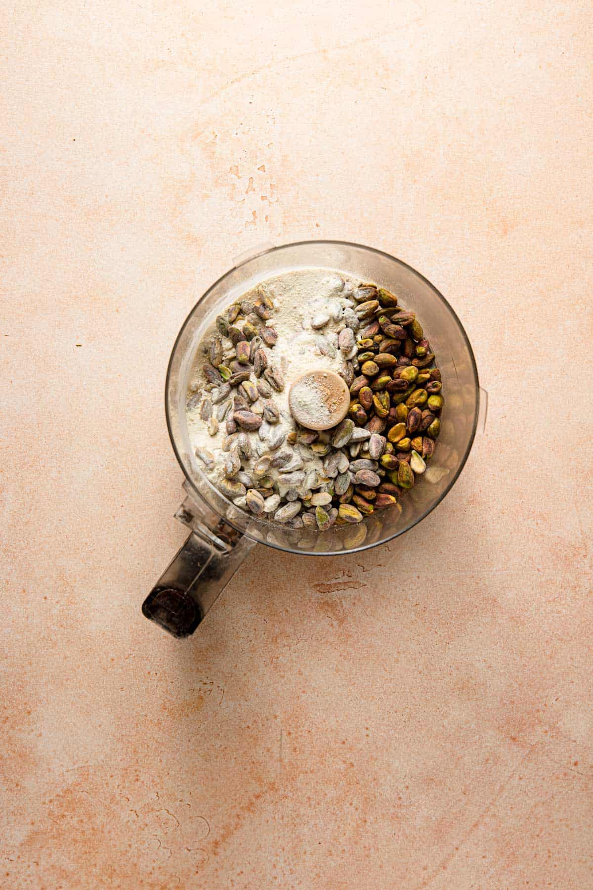 pistachios and milk powder in a food processor bowl.
