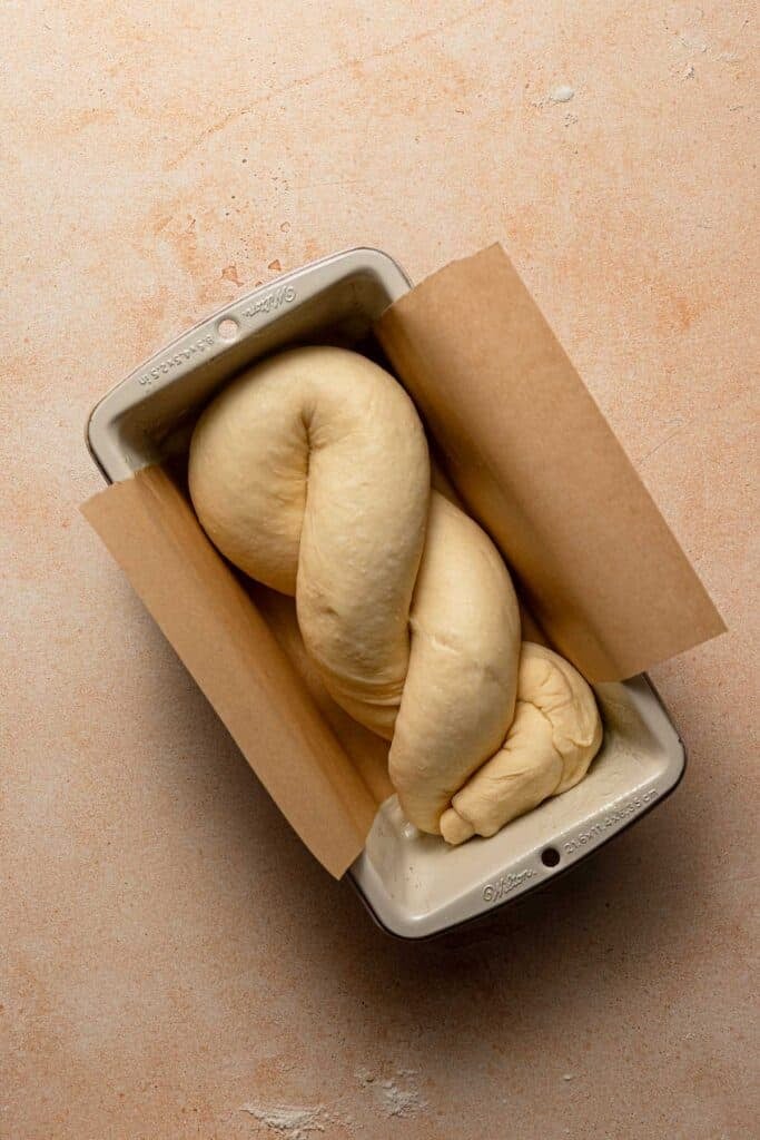 Raw babka twist in a pan.