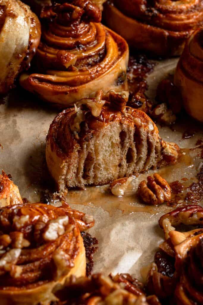 Sliced sticky Jewish german cinnamon roll. Schnecken.