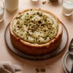 homemade cheesecake with pistachio cream.