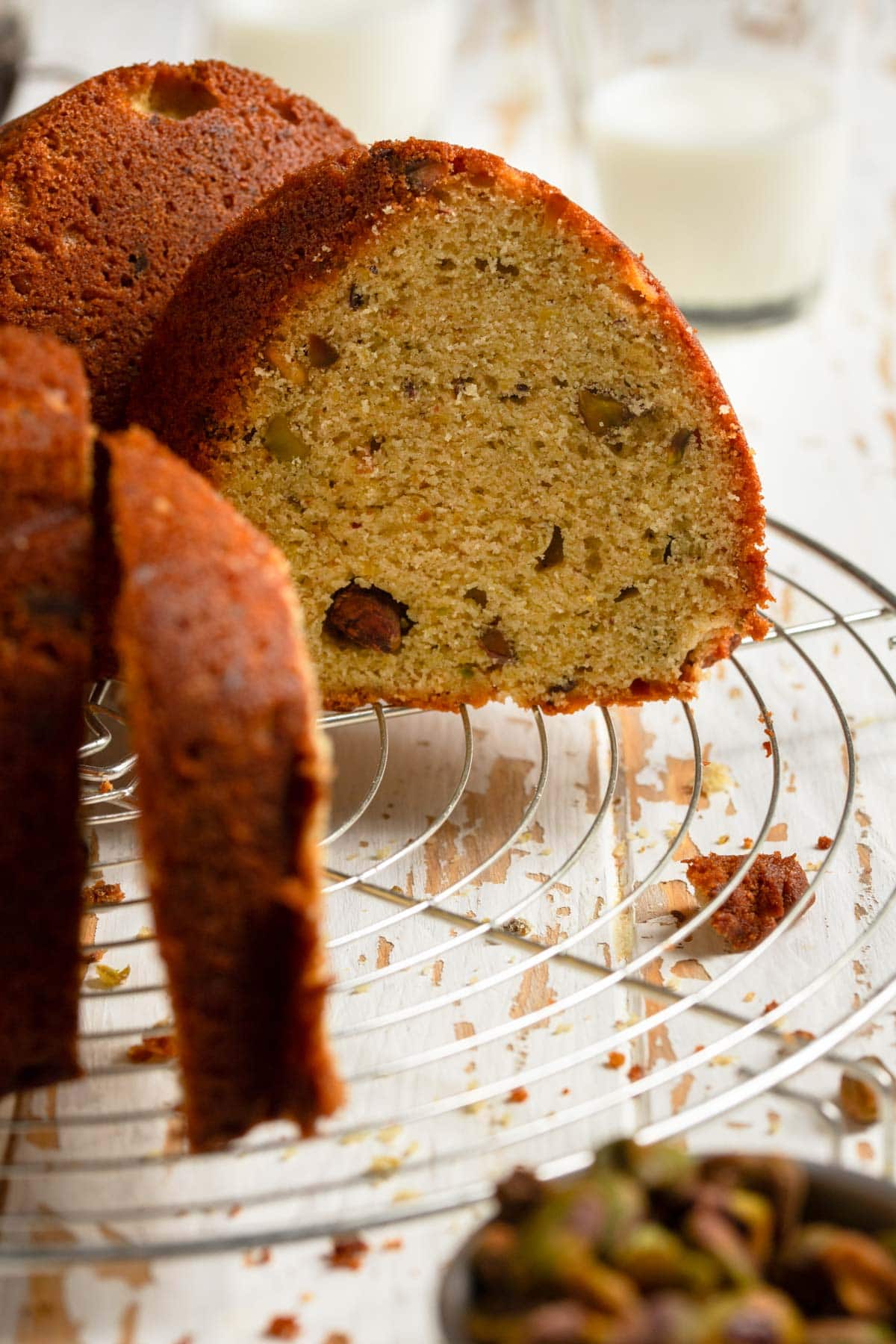 Sliced pistachio pound cake.