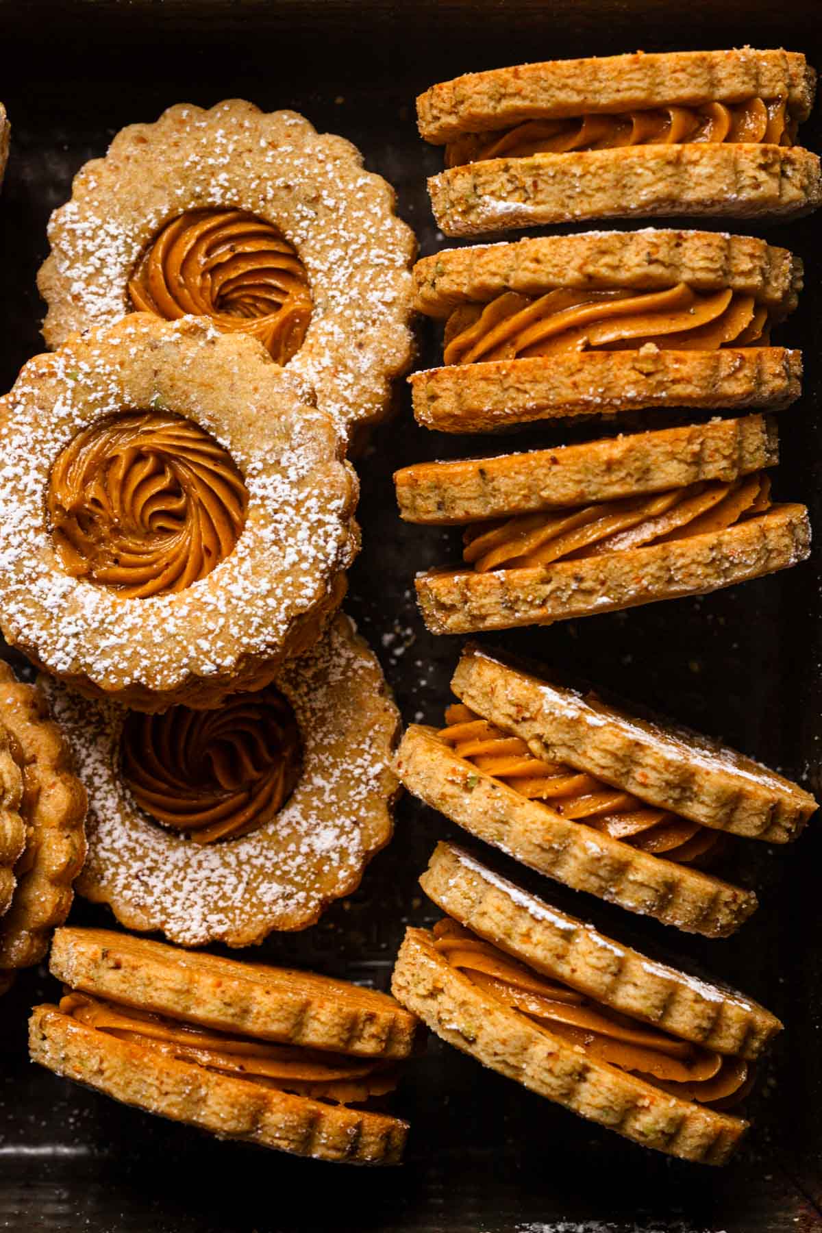 Pistachio cookies filled with pistachio caramel cream.