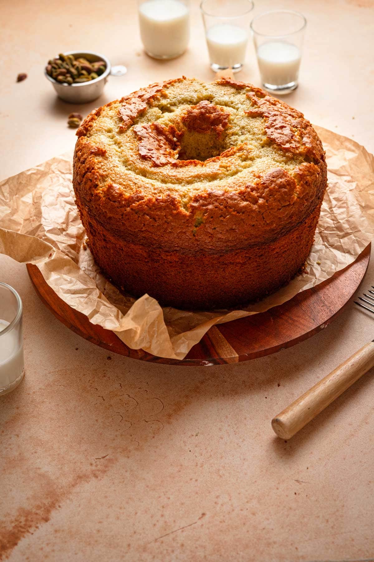 Pistachio chiffon cake on a plate.
