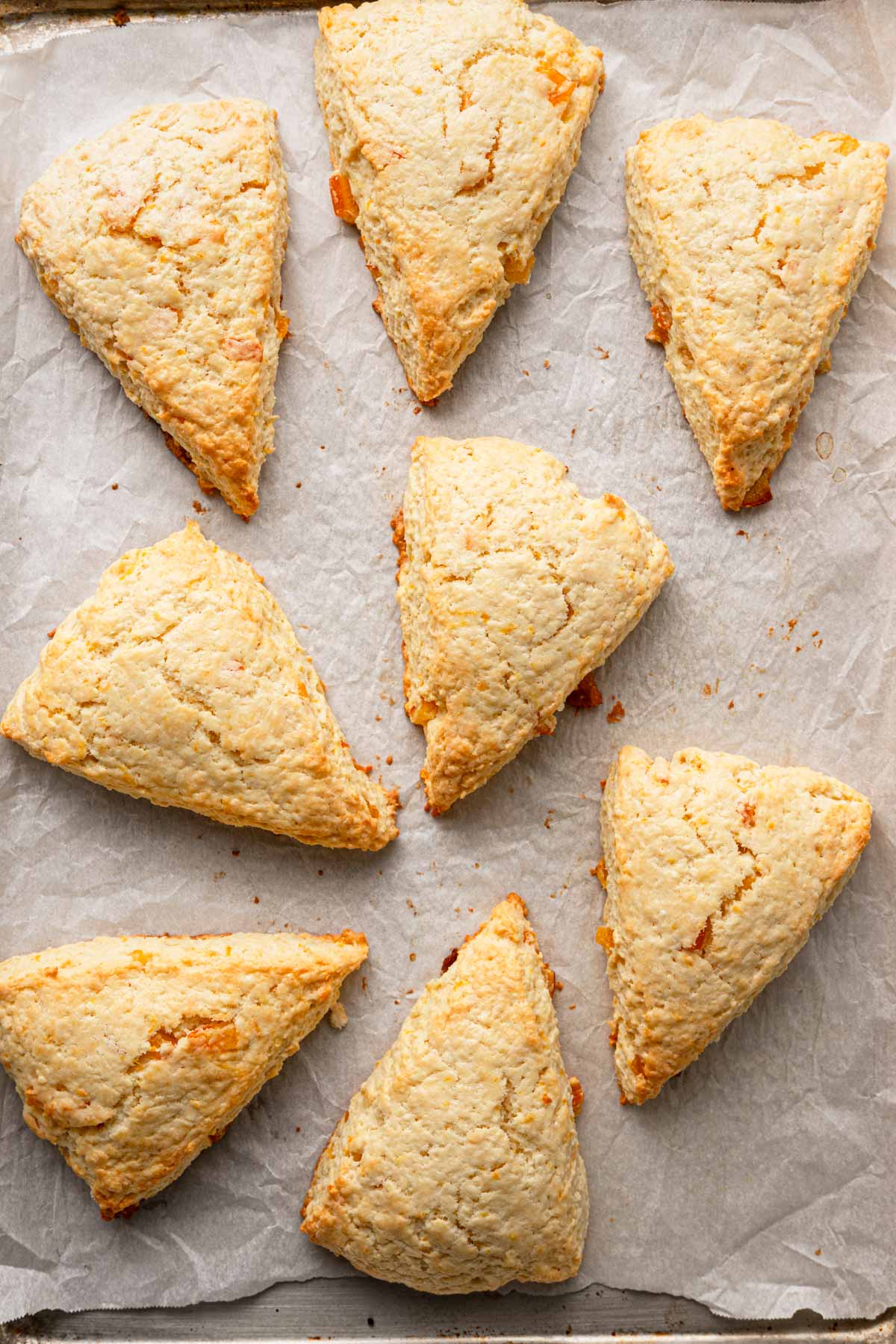 Baked orange scones over a pan lined with parchment paper.