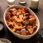 Bread pudding in a dish.