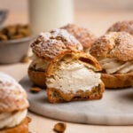 Sliced pistachio cream puff.