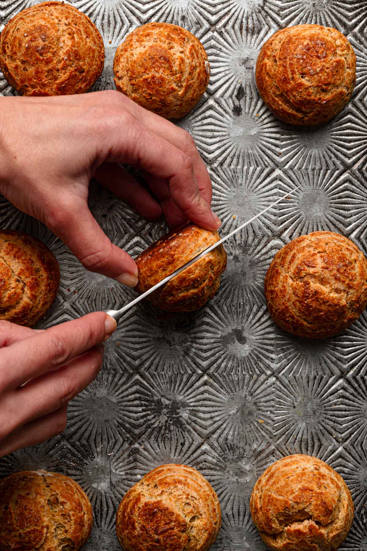 slicing a cream puff.