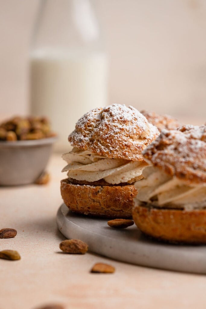 cream puffs with pistachios and cream.