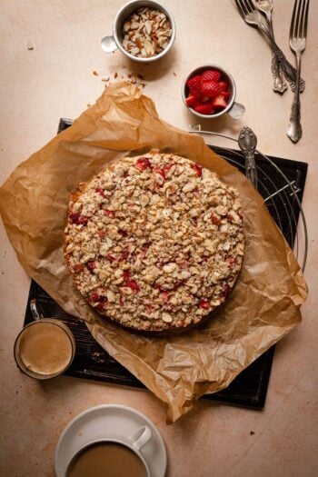 almond crumb cake with strawberries.