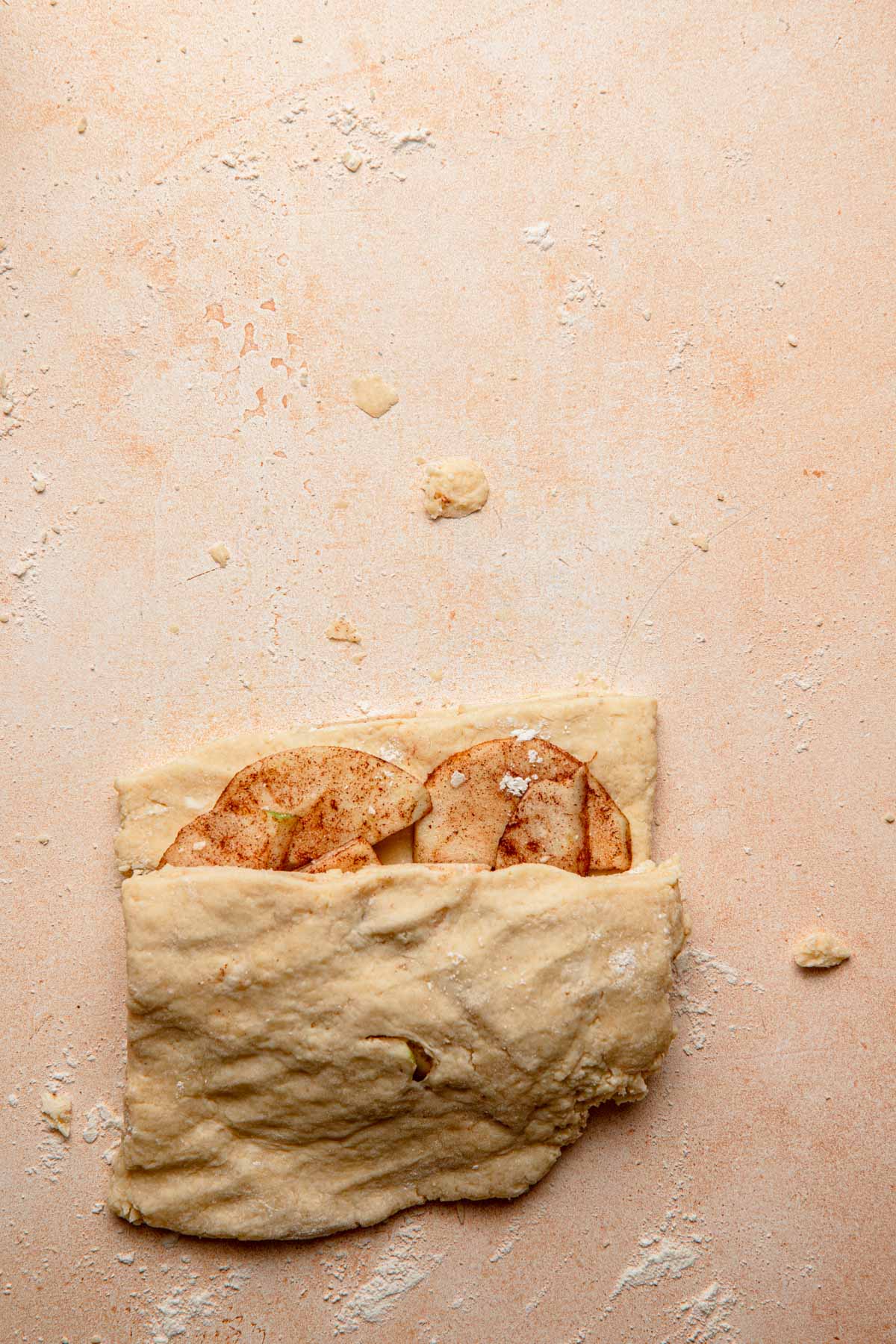 Layer of apple-cinnaon slices between two pieces of dough.