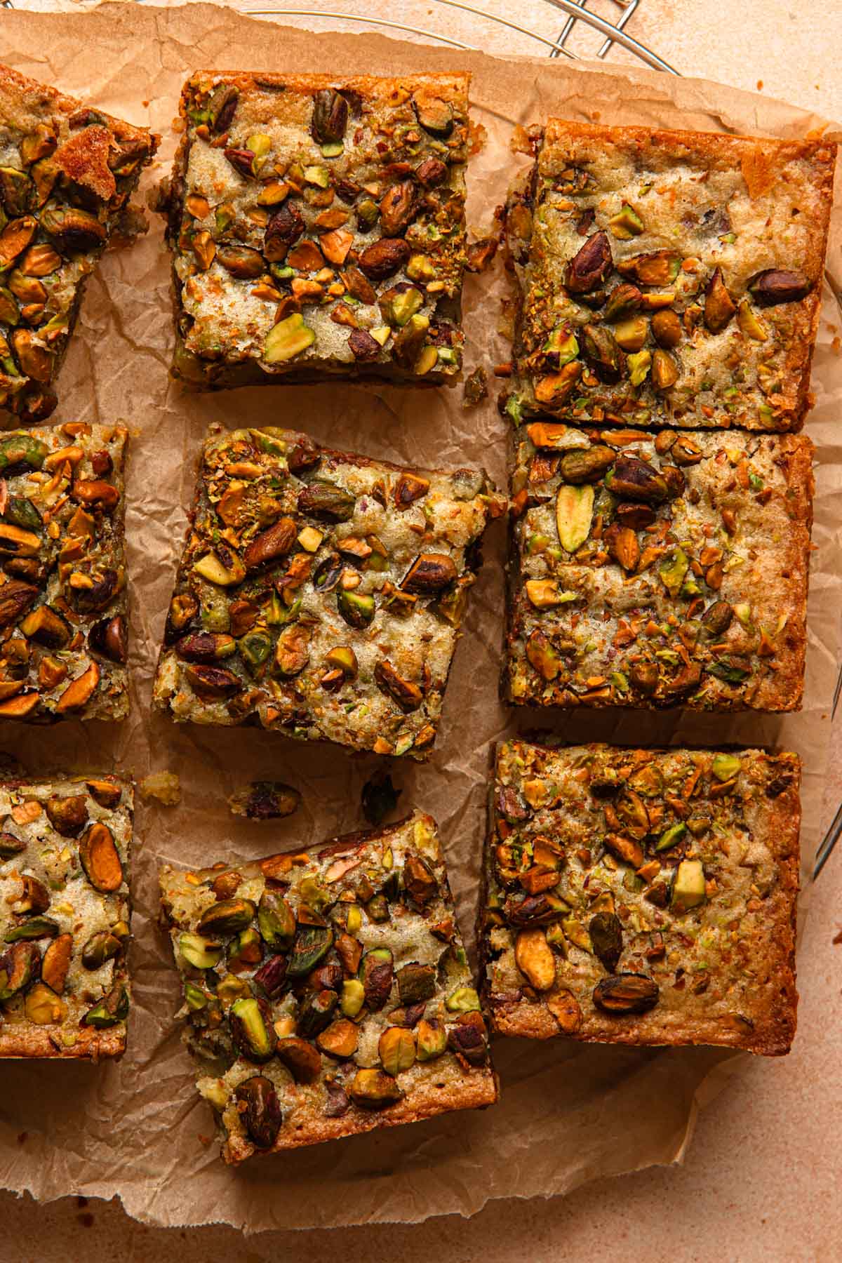sliced pistachio blondies.